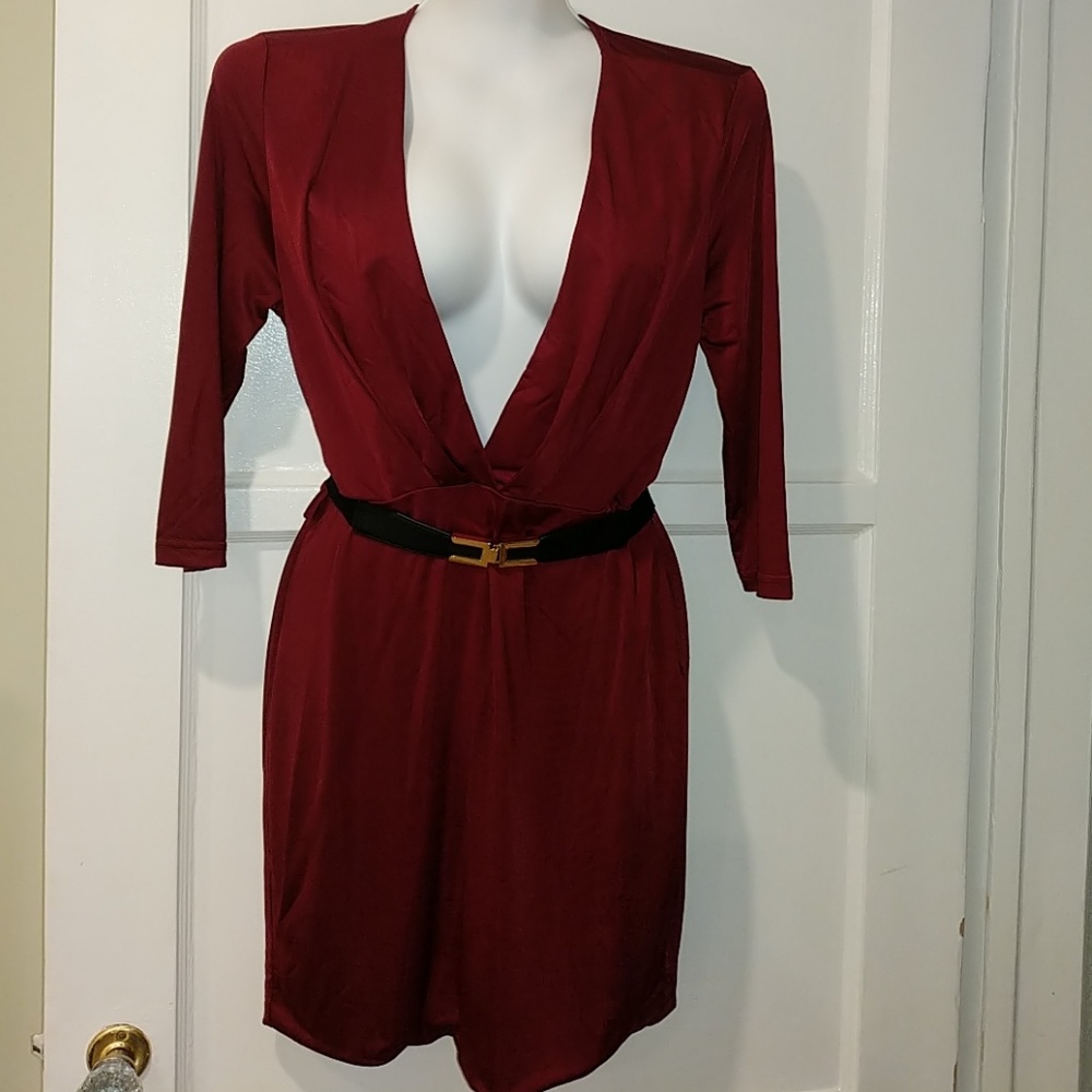 Foreign Exchange deep V merlot dress